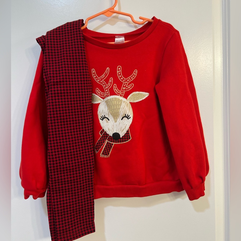 Toddler Girl’s 5T Christmas Reindeer Buffalo Plaid Sweatshirt Outfit